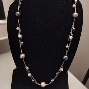 Premier Designs, 3 Twisted Strands Feaux Pearl Necklace. Greys & Whites. 32"+4"